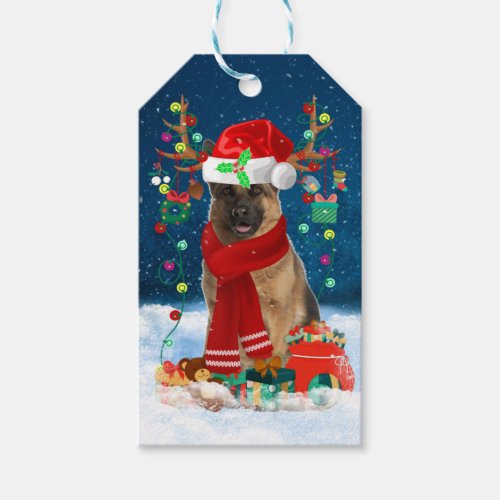 German Shepherd Dog in Snow with Christmas Gifts  Gift Tags