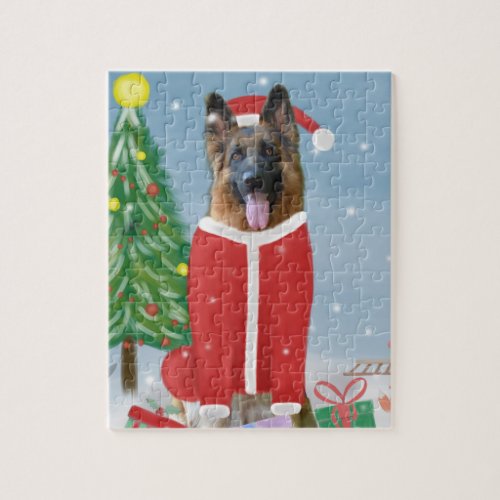 German Shepherd Dog in Snow with Christmas Gifts   Jigsaw Puzzle
