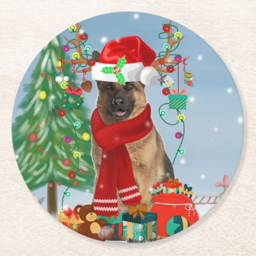 German Shepherd Dog in Snow with Christmas Gifts   Round Paper Coaster