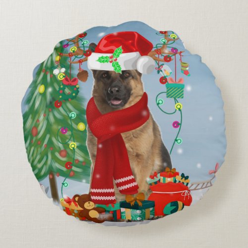 German Shepherd Dog in Snow with Christmas Gifts   Round Pillow