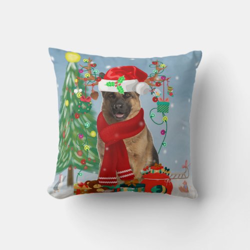 German Shepherd Dog in Snow with Christmas Gifts Throw Pillow
