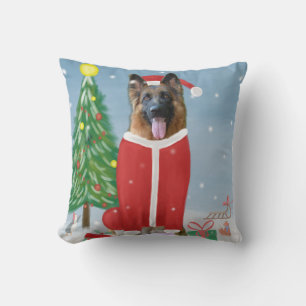 German Shepherd Dog in Snow with Christmas Gifts Throw Pillow