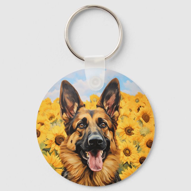 German Shepherd dog in sunflowers Keychain (Front)