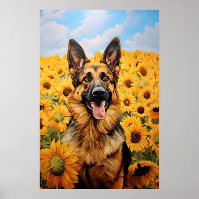 German Shepherd dog in sunflowers Poster (Front)