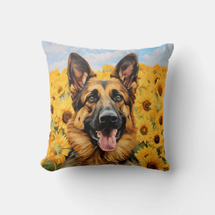 German Shepherd dog in sunflowers Throw Pillow