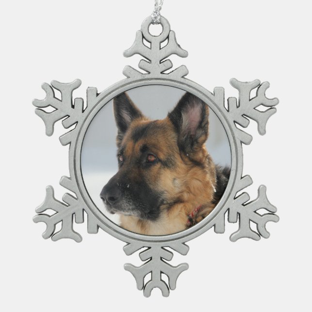 German Shepherd Dog in the Snow Snowflake Ornament (Front)
