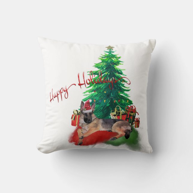 German Shepherd Dog Laying by Christmas Tree Throw Pillow (Front)