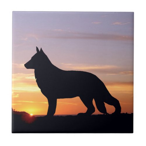 German Shepherd Dog Luminescent Sunset Silhouette Ceramic Tile