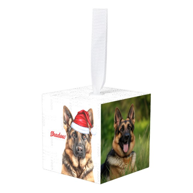 German Shepherd Dog Name Two Photo Christmas Cube Ornament (Front Angled)