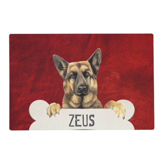 German Shepherd Dog on Bone and Leather Placemat (Front)
