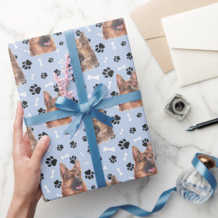 German Shepherd Dog Pattern on Silver Blue Wrapping Paper