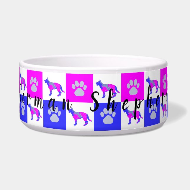 German Shepherd Dog & Paw Hot Pink & Blue Pet Bowl (Front)