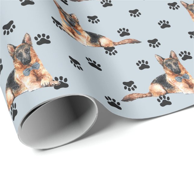 German Shepherd Dog Paw Print Pattern on Silver Wrapping Paper (Roll Corner)