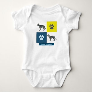 German Shepherd Dog & Paw Y&B Grid Square Baby Bodysuit