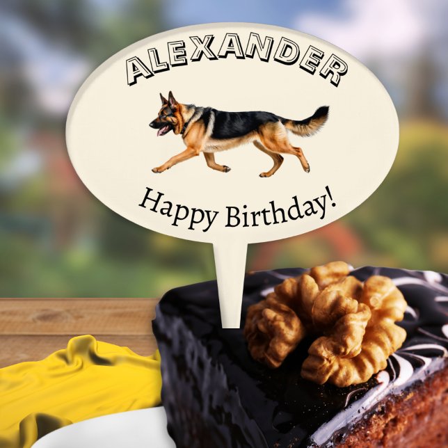 German Shepherd Dog Pet Alsatian Happy Birthday Cake Topper (A personalized cake topper with German Shepherd Dog (Alsatian) picture and 'Happy Birthday' greeting)
