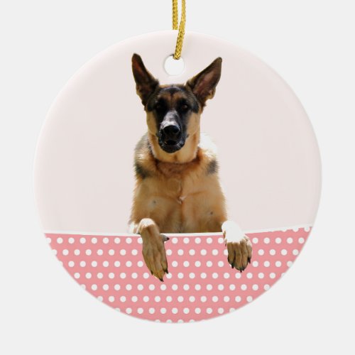 German Shepherd Dog Pink Polka Dots Ceramic Ornament