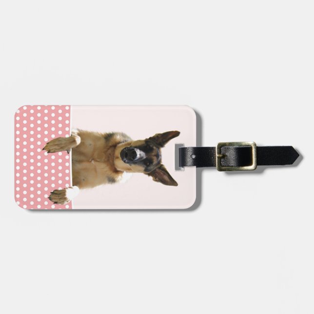 German Shepherd Dog Pink Polka Dots Luggage Tag (Front Horizontal)