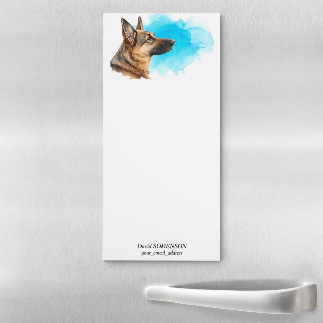 German Shepherd Dog Portrait on Blue Magnetic Notepad (In Situ)