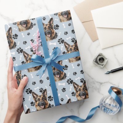 German Shepherd Dog Portrait Paw Print Pattern  Wrapping Paper