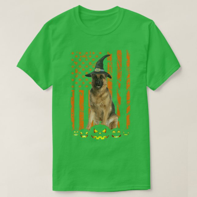 German Shepherd Dog Pumpkin American Flag Witch Ha T-Shirt (Design Front)