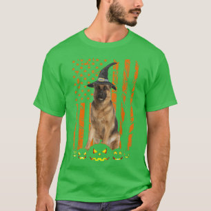 German Shepherd Dog Pumpkin American Flag Witch Ha T-Shirt