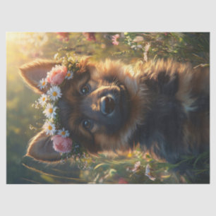 German Shepherd Dog Puppy in a Flower Crown Tissue Paper