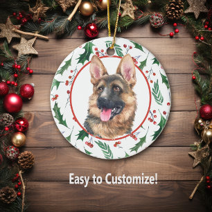 German Shepherd Dog Red Berry Holly Border Ceramic Ornament