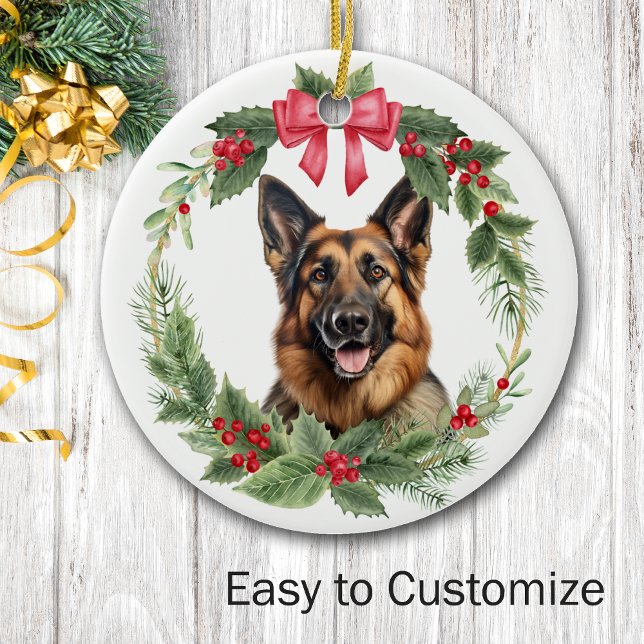 German Shepherd Dog Red Bow Holly Wreath Ceramic Ornament (Creator Uploaded)