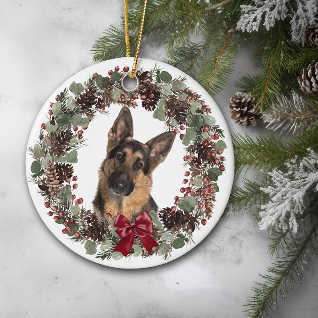 German Shepherd Dog Red Bow Pinecone Wreath Ceramic Ornament (Creator Uploaded)