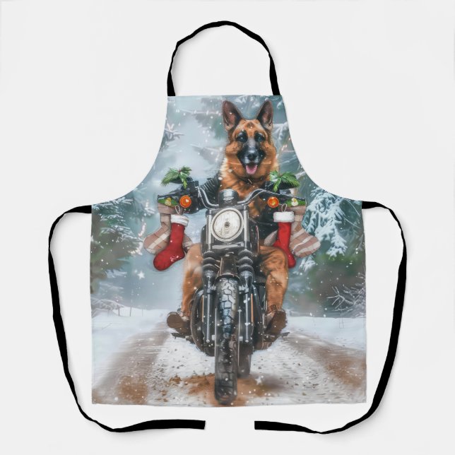 German Shepherd Dog Riding Motorcycle Christmas  Apron (Front)