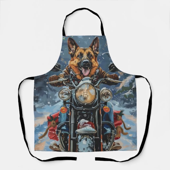 German Shepherd Dog Riding Motorcycle Christmas Apron (Front)