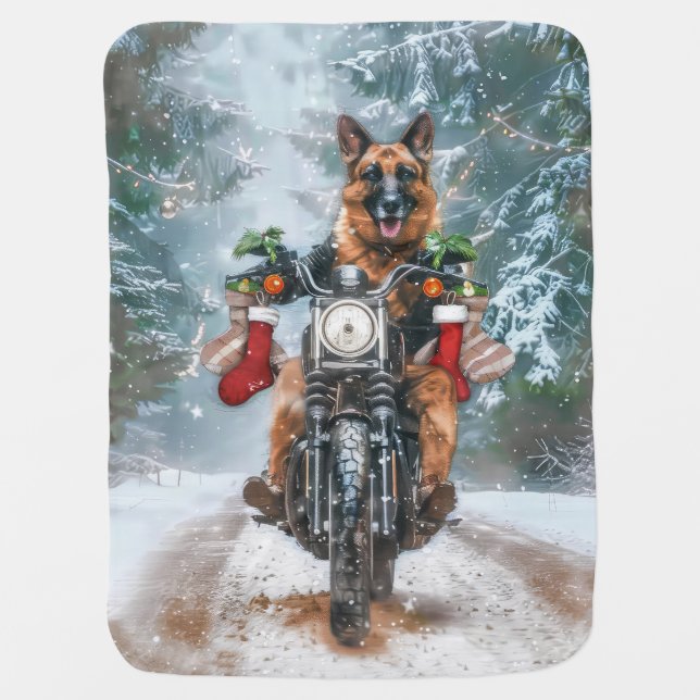 German Shepherd Dog Riding Motorcycle Christmas  Baby Blanket (Front)