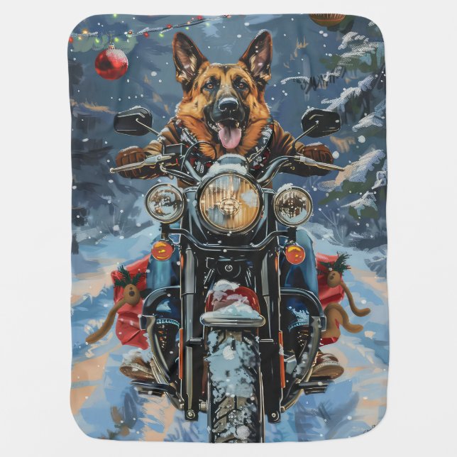 German Shepherd Dog Riding Motorcycle Christmas Baby Blanket (Front)