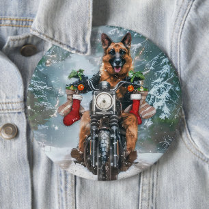 German Shepherd Dog Riding Motorcycle Christmas Button