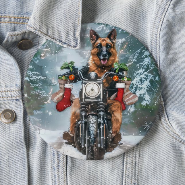 German Shepherd Dog Riding Motorcycle Christmas  Button (In Situ)