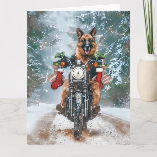 German Shepherd Dog Riding Motorcycle Christmas  Card (Front)