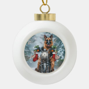 German Shepherd Dog Riding Motorcycle Christmas  Ceramic Ball Christmas Ornament