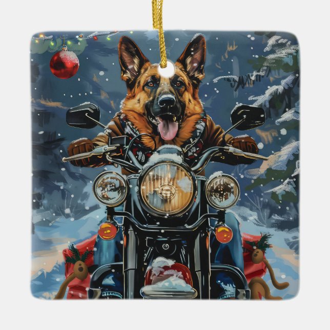 German Shepherd Dog Riding Motorcycle Christmas Ceramic Ornament (Front)