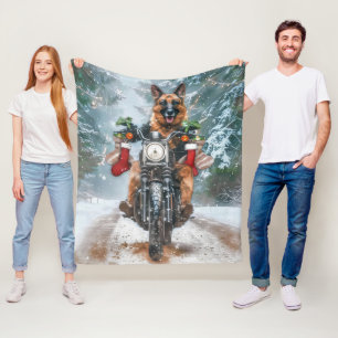 German Shepherd Dog Riding Motorcycle Christmas Fleece Blanket
