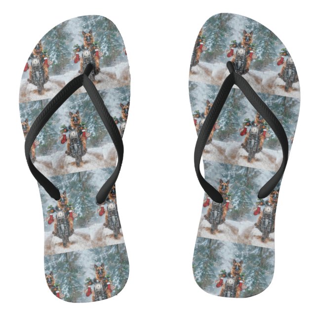 German Shepherd Dog Riding Motorcycle Christmas  Flip Flops (Footbed)