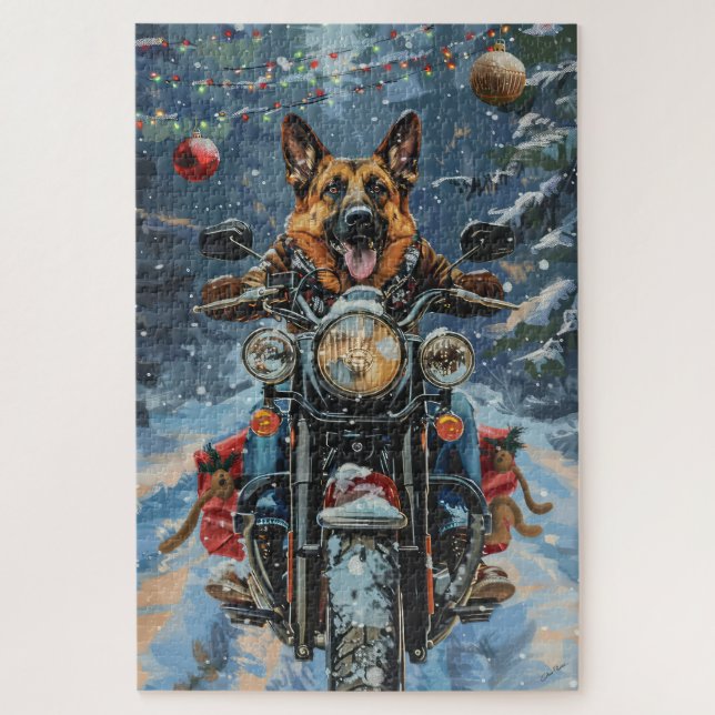 German Shepherd Dog Riding Motorcycle Christmas Jigsaw Puzzle (Vertical)