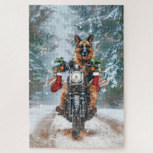 German Shepherd Dog Riding Motorcycle Christmas  Jigsaw Puzzle