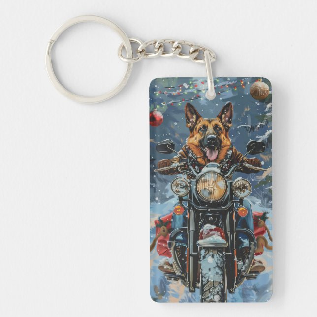 German Shepherd Dog Riding Motorcycle Christmas Keychain (Front)