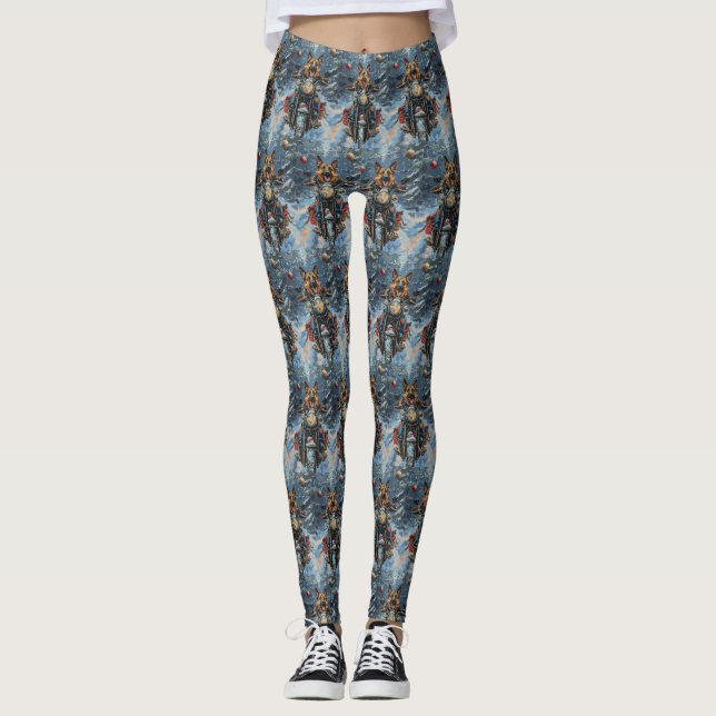 German Shepherd Dog Riding Motorcycle Christmas Leggings (Front)