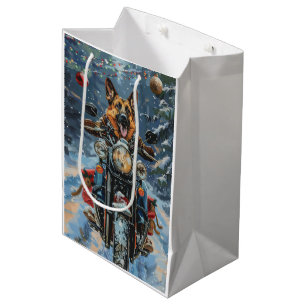 German Shepherd Dog Riding Motorcycle Christmas Medium Gift Bag