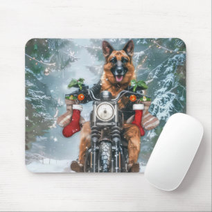 German Shepherd Dog Riding Motorcycle Christmas Mouse Pad