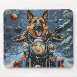 German Shepherd Dog Riding Motorcycle Christmas Mouse Pad