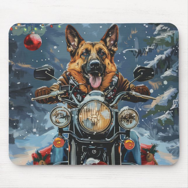 German Shepherd Dog Riding Motorcycle Christmas Mouse Pad (Front)