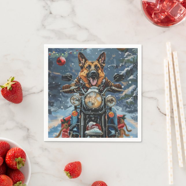 German Shepherd Dog Riding Motorcycle Christmas Napkins (Insitu)