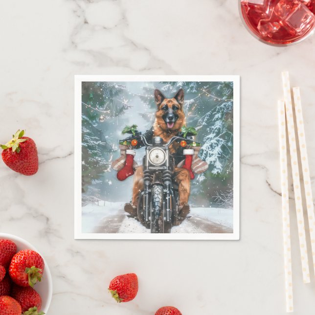 German Shepherd Dog Riding Motorcycle Christmas  Napkins (Insitu)